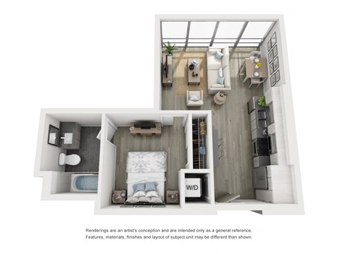 Floor plan for 1 bed, 1 bath, 606 sqft